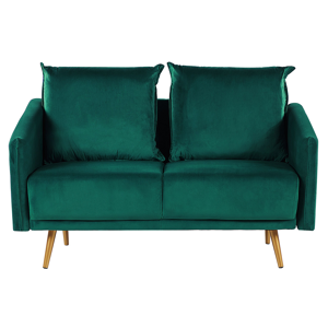 Sofá estofado de veludo verde esmeralda 2 lugares encosto acolchoado assento de metal com pernas douradas retro glamour