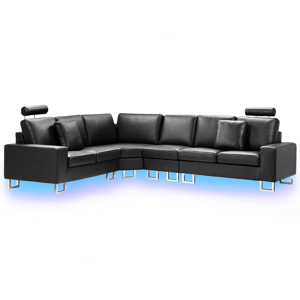 Sofá de canto seccional versão à direita em pele genuína preta de 6 lugares com iluminação LED design moderno para a sala de estar