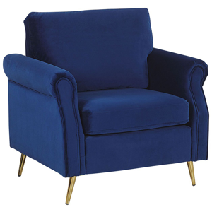 Poltrona azul cobalto estofada em veludo de poliéster com pés de metal dourado, almofada de assento e costas removível estilo retro