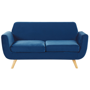Sofá de 2 lugares estofado em veludo azul pernas de madeira inclinadas e capa removível estilo retro