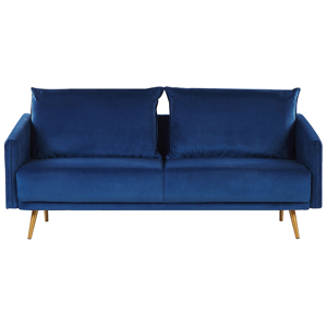 Sofá estofado de veludo azul marinho 3 lugares encosto acolchoado assento de metal com pernas douradas retro glamour
