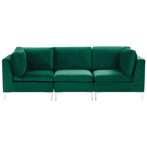 Sofá modular de canto em veludo verde 3 lugares em forma de L pernas de metal prateado esquerdo estilo glamour