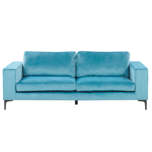 Sofá azul estofado em veludo de 3 lugares pés em metal preto sala de estar moderna