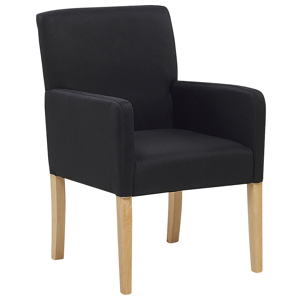 Cadeira com braços preta estofada em tecido 60 x 62 x 89 cm com pés de madeira clara ideal para mesa de jantar