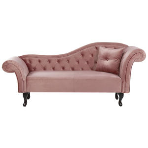 Sofá Chaise-longue de veludo rosa com botões estofados braço enrolado à direita e almofada