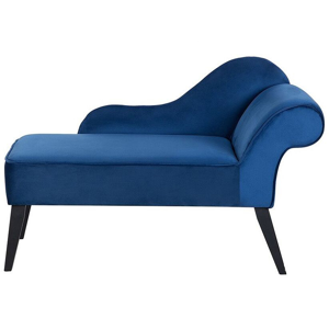 Chaise-longue estofada em tecido azul cobalto com pernas de madeira escura estilo glam versão à direita