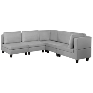 Sofá de canto estofado em tecido cinzento claro 5 lugares capas de almofadas removíveis estilo minimalista
