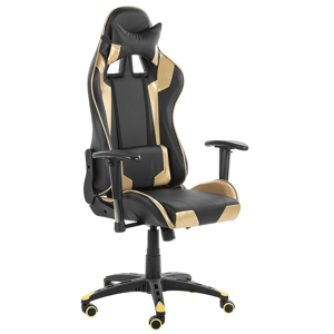 Cadeira giratória de escritório moderna preta / dourada para jogadores, incluindo almofadas de pescoço e costas feitas de pele sintética