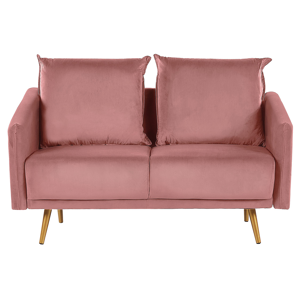 Sofá estofado de veludo rosa 2 lugares encosto acolchoado assento de metal com pernas douradas retro glamour