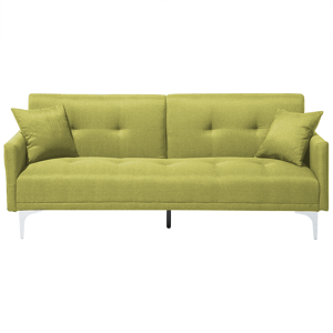 Beliani Sofá-cama de 3 lugares tecido verde oliva com encosto rebatível por mecanismo click-clack pernas de metal prateado duas almofadas