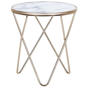 Mesa de apoio branco e dourado vidro temperado estrutura metálica ø 50 cm tampo com efeito de mármore pernas em forma de gancho