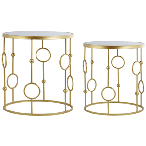 Conjunto de 2 mesas laterais dourado metal tampo de vidro Ø 35 e Ø 45 glam decorativo