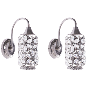 Conjunto de 2 candeeiros de parede em metal prateado e vidro acrílico decoração com flores estilo glamoroso