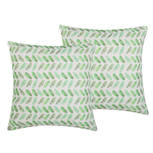 Conjunto de 2 almofadas decorativas branca e verde 45 x 45 cm feita de poliéster com impressões verdes quarto e sala de estar design moderno