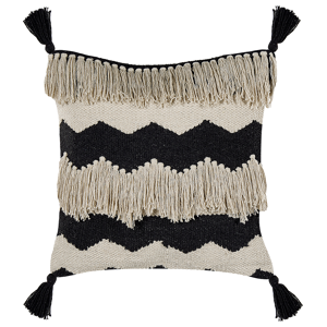 Almofada decorativa em algodão creme e preta 45 x 45 cm com borlas boho padrão geométrico feito à mão