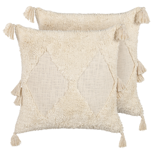 Conjunto de 2 almofadas decorativas em algodão creme 45 x 45 cm padrão geométrico borlas capa removível com recheio estilo boho