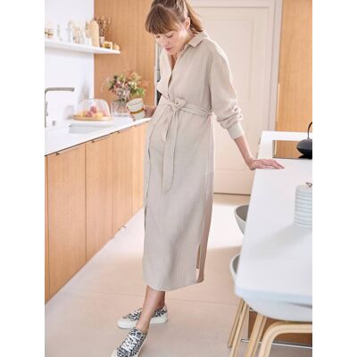 VERTBAUDET Vestido comprido estilo camisa, em gaze de algodão, especial gravidez e amamentação bege VERTBAUDET Vestido comprido estilo camisa, em gaze de algodão, especial gravidez e amamentação bege