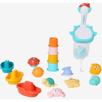 VERTBAUDET Lote de 16 brinquedos para o banho com cesto multicolor VERTBAUDET Lote de 16 brinquedos para o banho com cesto multicolor