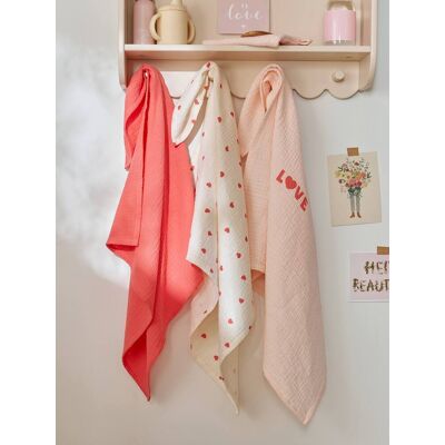 VERTBAUDET Lote de 3 fraldas em gaze de algodão COEURS estampado rosa VERTBAUDET Lote de 3 fraldas em gaze de algodão COEURS estampado rosa