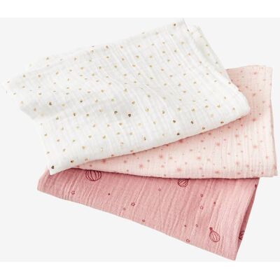 VERTBAUDET Lote de 3 fraldas em gaze de algodão rosa medio estampado VERTBAUDET Lote de 3 fraldas em gaze de algodão rosa medio estampado