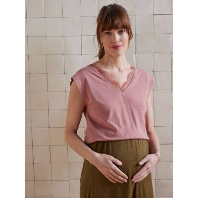 VERTBAUDET T-shirt de grávida, à frente/atrás, em mistura de linho rosa-velho VERTBAUDET T-shirt de grávida, à frente/atrás, em mistura de linho rosa-velho