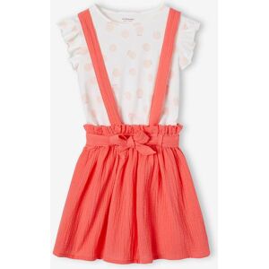 VERTBAUDET Conjunto t-shirt às riscas + saia em gaze de algodão, para menina coral VERTBAUDET Conjunto t-shirt às riscas + saia em gaze de algodão, para menina coral