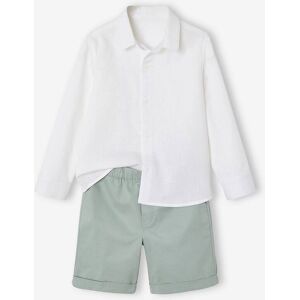 VERTBAUDET Conjunto de cerimónia, camisa com gola Mao e bermudas, para menino verde-salva VERTBAUDET Conjunto de cerimónia, camisa com gola Mao e bermudas, para menino verde-salva