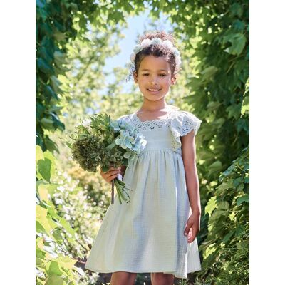 VERTBAUDET Vestido de cerimónia em gaze de algodão, para menina, com mangas em bordado inglês verde-salva VERTBAUDET Vestido de cerimónia em gaze de algodão, para menina, com mangas em bordado inglês verde-salva
