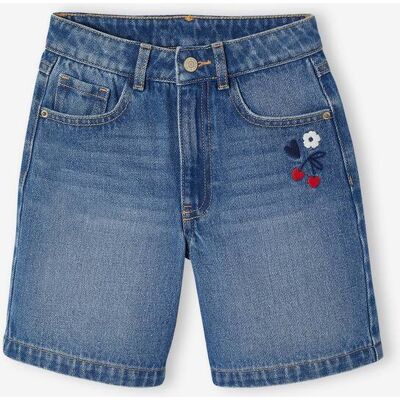 VERTBAUDET Bermudas de ganga bordada com flores azul medio VERTBAUDET Bermudas de ganga bordada com flores azul medio