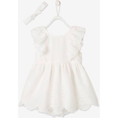 VERTBAUDET Conjunto de cerimónia para bebé: vestido, calções bloomers e fita do cabelo branco claro liso VERTBAUDET Conjunto de cerimónia para bebé: vestido, calções bloomers e fita do cabelo branco claro liso