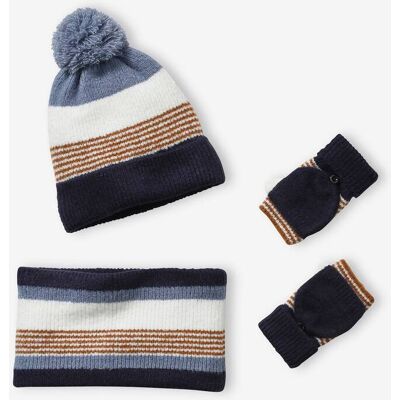 VERTBAUDET Conjunto às riscas, gorro + gola snood + luvas, para menino azul escuro bicolor/multicolor VERTBAUDET Conjunto às riscas, gorro + gola snood + luvas, para menino azul escuro bicolor/multicolor