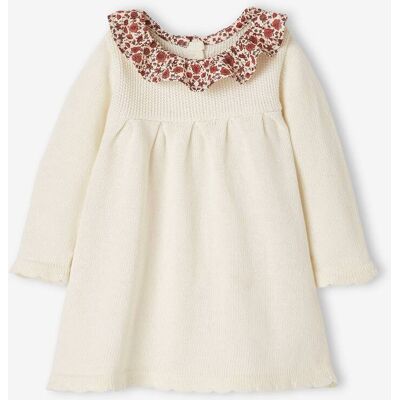 VERTBAUDET Vestido em tricot e gola em tecido às flores, para bebé branco claro liso com motivo VERTBAUDET Vestido em tricot e gola em tecido às flores, para bebé branco claro liso com motivo
