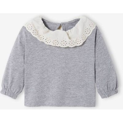VERTBAUDET Camisola com bordado inglês na gola, para bebé cinza mesclado VERTBAUDET Camisola com bordado inglês na gola, para bebé cinza mesclado