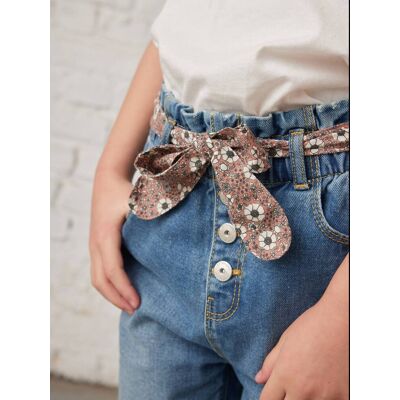 VERTBAUDET Jeans estilo paperbag e cinto florido, para menina azul escuro desbotado VERTBAUDET Jeans estilo paperbag e cinto florido, para menina azul escuro desbotado