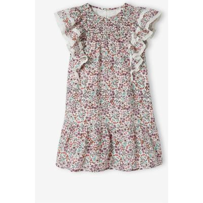 VERTBAUDET Vestido com flores de cerejeira, mangas com folhos, para menina cru VERTBAUDET Vestido com flores de cerejeira, mangas com folhos, para menina cru
