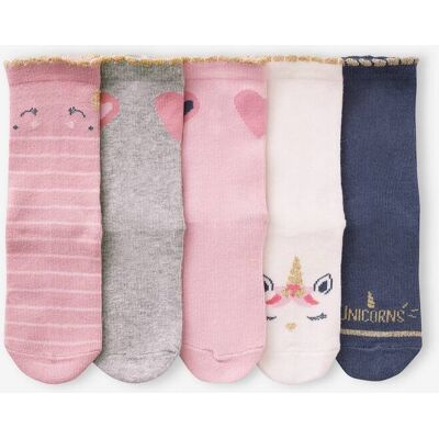 VERTBAUDET Lote de 5 pares de meias unicórnios e corações, para menina rosa VERTBAUDET Lote de 5 pares de meias unicórnios e corações, para menina rosa