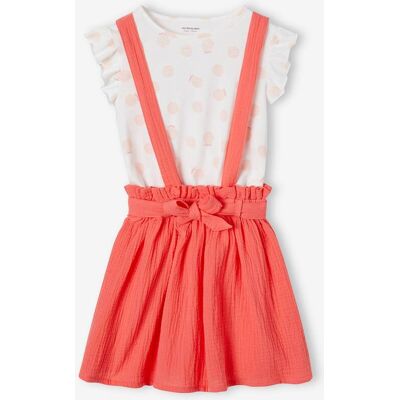 VERTBAUDET Conjunto t-shirt às riscas + saia em gaze de algodão, para menina coral VERTBAUDET Conjunto t-shirt às riscas + saia em gaze de algodão, para menina coral