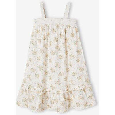 VERTBAUDET Vestido midi, de alças em gaze de algodão e detalhe em bordado inglês, par menina estampado rosa VERTBAUDET Vestido midi, de alças em gaze de algodão e detalhe em bordado inglês, par menina estampado rosa