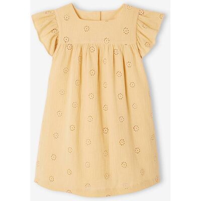 VERTBAUDET Vestido com flores bordadas, em gaze de algodão, para menina amarelo-pastel VERTBAUDET Vestido com flores bordadas, em gaze de algodão, para menina amarelo-pastel