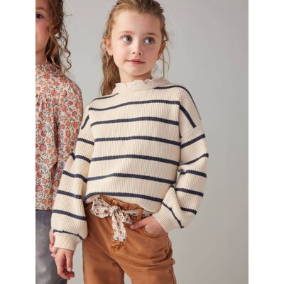 VERTBAUDET Camisola com gola fantasia, modelo loose, para menina riscas marinho VERTBAUDET Camisola com gola fantasia, modelo loose, para menina riscas marinho