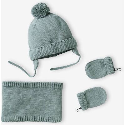 VERTBAUDET Conjunto gorro + gola snood + luvas de polegar, para bebé menino, BASICS verde-água VERTBAUDET Conjunto gorro + gola snood + luvas de polegar, para bebé menino, BASICS verde-água