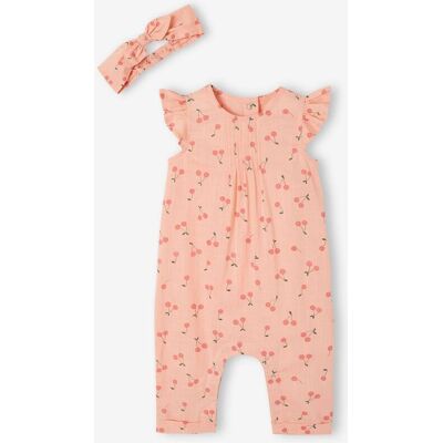 VERTBAUDET Conjunto macacão + fita do cabelo estampados, para bebé menina rosa-pálido VERTBAUDET Conjunto macacão + fita do cabelo estampados, para bebé menina rosa-pálido