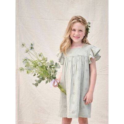 VERTBAUDET Vestido com flores bordadas, em gaze de algodão, para menina verde-salva VERTBAUDET Vestido com flores bordadas, em gaze de algodão, para menina verde-salva
