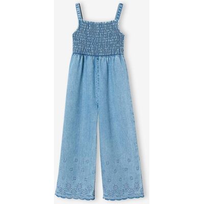 VERTBAUDET Macacão aos favos, flores bordadas, em ganga leve, para menina azul claro VERTBAUDET Macacão aos favos, flores bordadas, em ganga leve, para menina azul claro