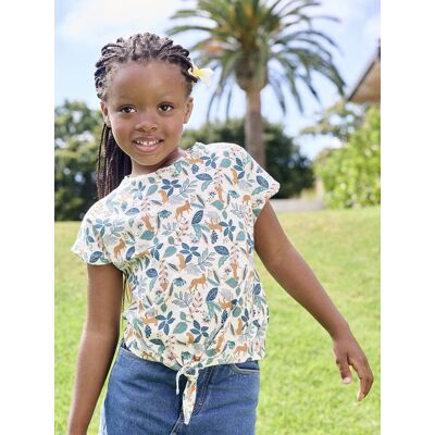 VERTBAUDET T-shirt estampada, com laço fantasia, para menina branco estampado VERTBAUDET T-shirt estampada, com laço fantasia, para menina branco estampado