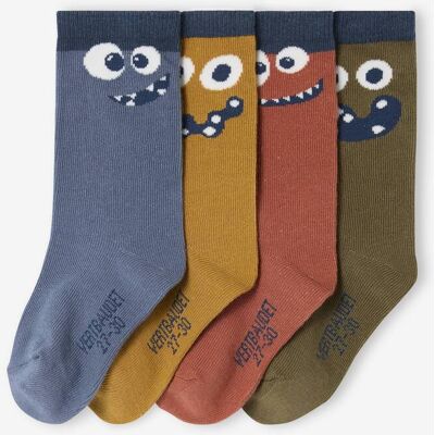 VERTBAUDET Lote de 4 pares de meias «monstros», para menino azul VERTBAUDET Lote de 4 pares de meias «monstros», para menino azul