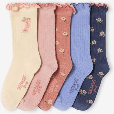 VERTBAUDET Lote de 5 pares de meias «flores», para menina rosa-blush VERTBAUDET Lote de 5 pares de meias «flores», para menina rosa-blush