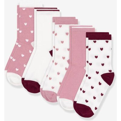 Lote de 5 pares de meias em algodão estampado corações PETIT BATEAU, para criança rosa Lote de 5 pares de meias em algodão estampado corações PETIT BATEAU, para criança rosa