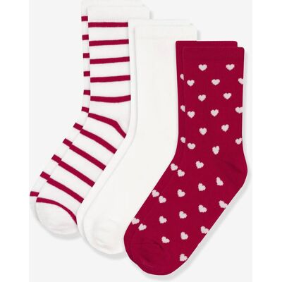 Lote de 3 pares de meias em algodão com motivos de corações PETIT BATEAU vermelho Lote de 3 pares de meias em algodão com motivos de corações PETIT BATEAU vermelho