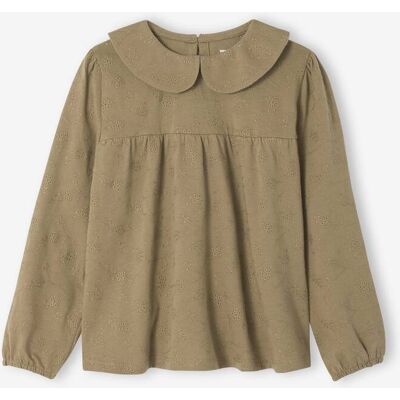 VERTBAUDET Blusa com bordado inglês, para menina azeitona VERTBAUDET Blusa com bordado inglês, para menina azeitona